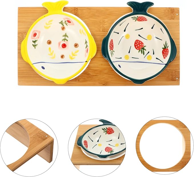 Creative Elevated Pet Bowls with Bamboo Stand Double Ceramic Puppy and Cat Bowls for Comfortable Feeding Joint Relief and Whisker Fatigue Prevention