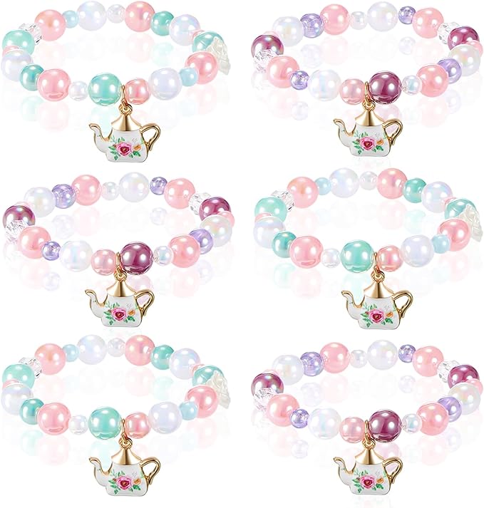 Ecally 6 Pcs Tea Party Favors Bracelet Bulk Mini Flower Tea Pot Beaded Bracelet Gift Party Supplies Pot Pendant Accessories Decorations for Kids Girl