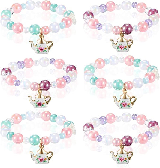 Ecally 6 Pcs Tea Party Favors Bracelet Bulk Mini Flower Tea Pot Beaded Bracelet Gift Party Supplies Pot Pendant Accessories Decorations for Kids Girl