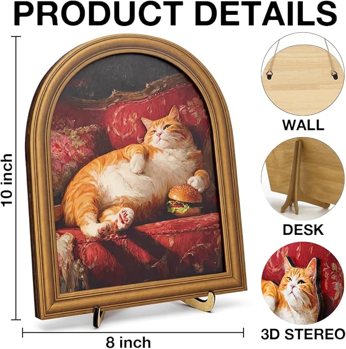 3D Funny Lazy Cat Wall Art Sign for Kitchen Decor, Food Lover Cat Portrait Wall Decor, 8x10 Inch