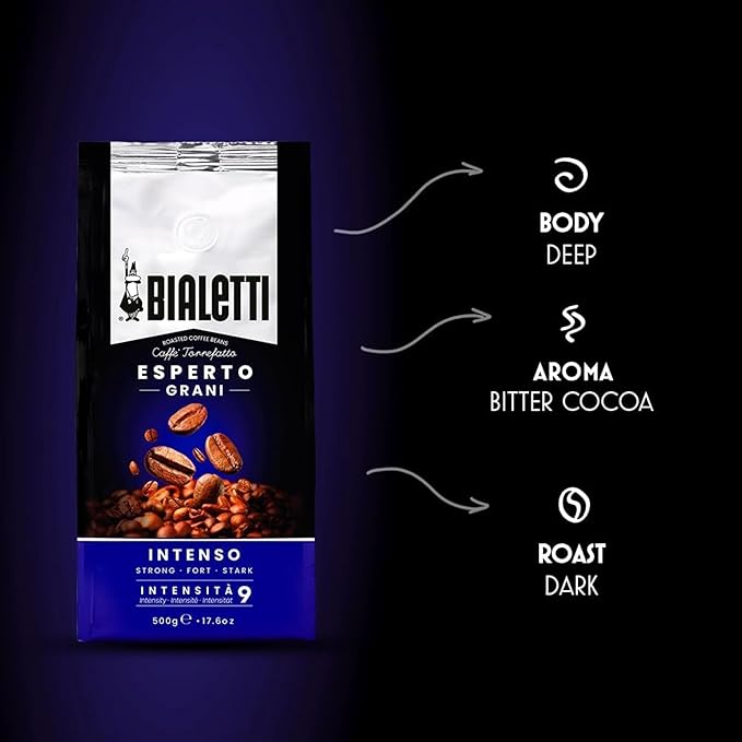 Bialetti Intenso Coffee Beans, 1000g Bag - 100% Robusta Medium Roast Intensity 9, Strong Espresso with Cocoa Notes - Compatible with Automatic Machines, Bean to Cup Brewers & Stovetop Moka Pots