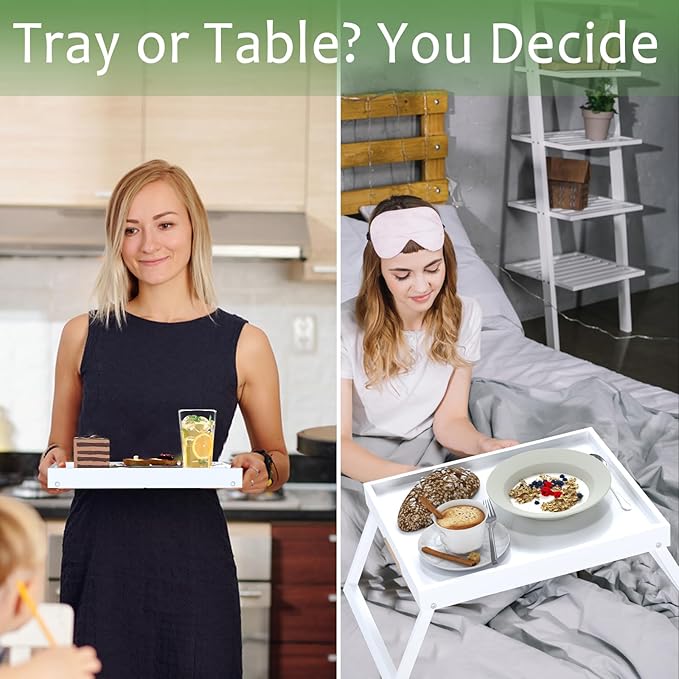 2 Pack Bed Tray Table with Foldable Legs, Bamboo Breakfast Tray for Sofa, Beds, Eating, Working, TV Table, Food, Dinner, Computer Trays, Laptop Desk Snack Folding Trays in Bed, White
