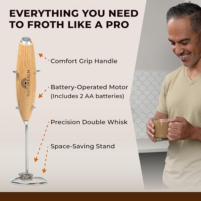 Naturealm Coffee Frother Handheld Milk Frother with Stand for Mushroom Coffee Latte Matcha Mixer Battery Operated Portable Foam Maker