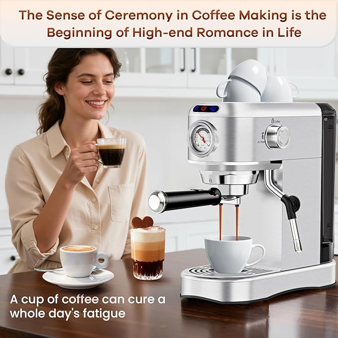 Espresso Machine, 20 Bar Compact Espresso Maker with Steam Milk Frother, Stainless Steel Expresso Machines for Home, 34oz Removable Water Tank for Latte, Cappuccino, Silver