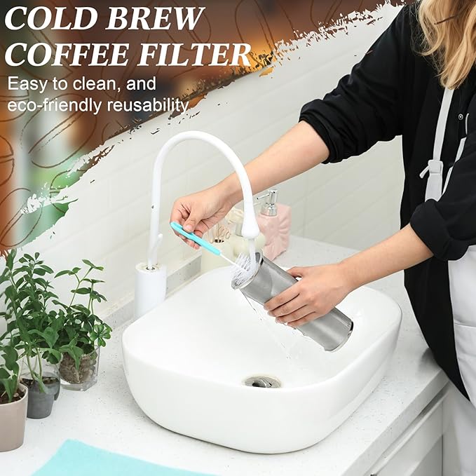 Cold Brew Coffee Filter with Brush Tea Infuser Strainer for 64 Oz/2 Quart Wide Mouth Mason Jar 304 Stainless Steel Food Grade Filter with Sealing Ring for Iced Drink Fruit Tea Coffee Maker