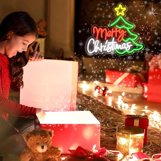 Merry Christmas Neon Sign for Wall Decor, Dimmable Christmas Tree Neon Signs LED Light up Sign with USB Powered for Bar Man Cave Club Party Room Shop Window Bedroom Decor Gifts