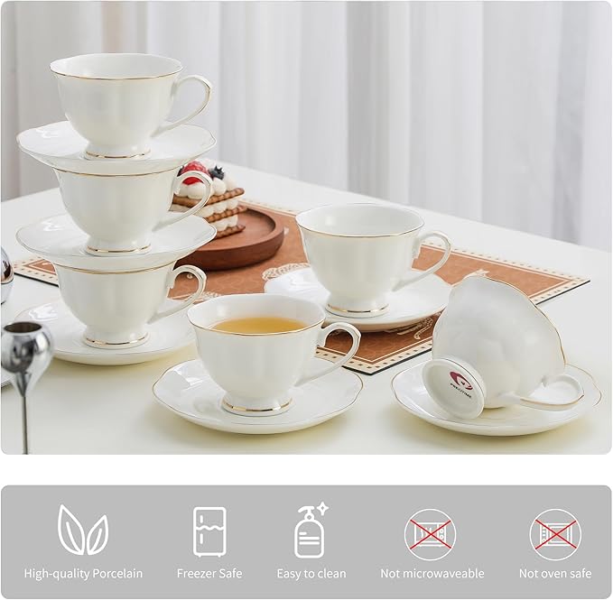 White Ceramic Tea Cup and Saucer Set of 6 (12-Piece) - 6oz Elegant Porcelain Cups with Gold Rim, 6 Cups & 6 Saucers for Tea Party