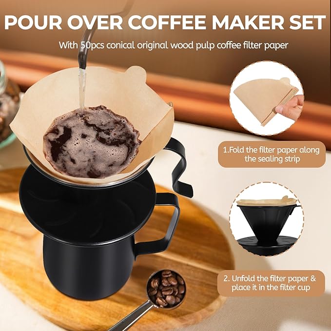 Pour Over Coffee Maker 350ml Milk Frothing Pitcher 304 Thickened Stainless Steel Drip Coffeemaker Set with 50pcs V60 Cone Paper Filters Hand Brew Dripper Carafe for Home Camping Travel 12oz