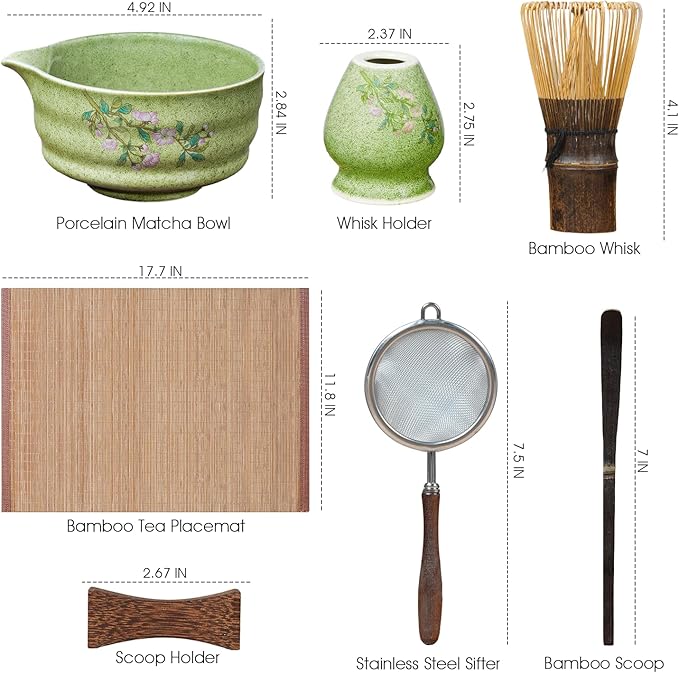 7-Piece Matcha Set with Ceramic Matcha Bowl, Bamboo Whisk (Chasen) & Holder, Sifter, Tea Scoop & Rest, Special Bamboo Tea Mat - Perfect Matcha Kit for Matcha Lovers & Gift Giving, Green