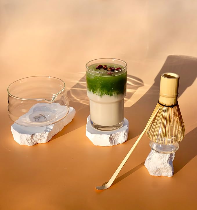 Whisk Set, 5-Piece Matcha Bowl and Whisk Kit with Bamboo Scoop, Glass Matcha Bowl, Holder, and Sieve – Handmade Borosilicate Glass (Clear)