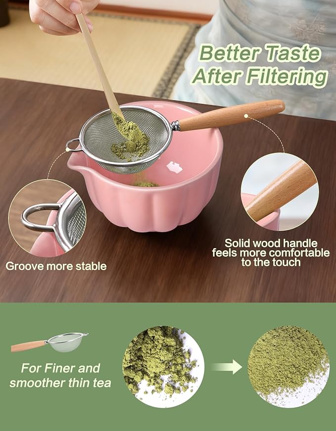 Matcha Whisk Set, 7 Pcs, Matcha Kit Includes Matcha Bowl, Matcha Whisk and Holder, Bamboo Scoop, Spoon, Sifter and Tea Towel, Matcha Set, Gift for Matcha Lovers & Beginners (Pink)