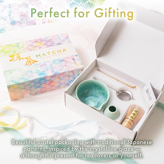 HIBINO Matcha Set | Japanese Matcha Tea Set with Crystal-Glazed Ceramic Spout Bowl | Bamboo Whisk & Holder, Scoop and Stainless Sifter | 5-Piece Matcha Kit |「Crystal Shell Green」