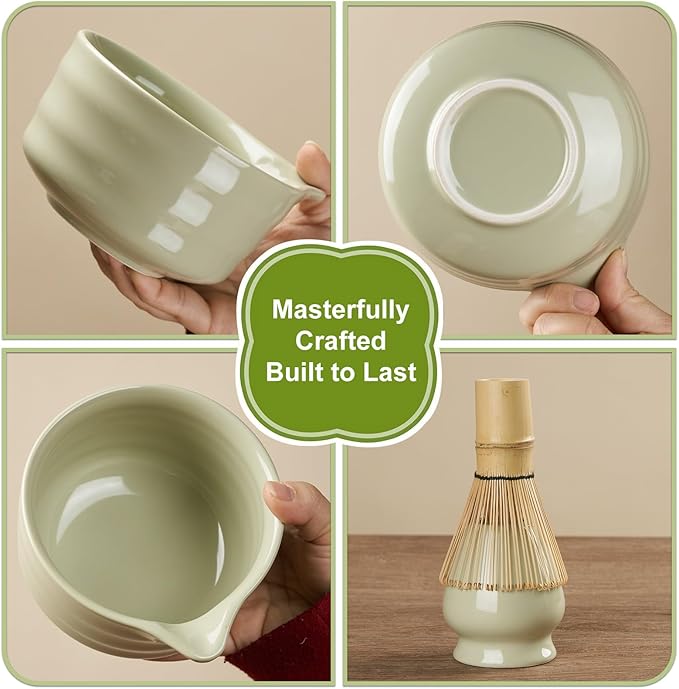 YOLIFE 7 Pcs Matcha Whisk Set, Matcha Kit for Ceremony, Includes Matcha Bowl with Spout, Bamboo Whisk (Chasen) with Ceramic Holder, Scoop, Powder Spoon and Sifter (Matcha Green)