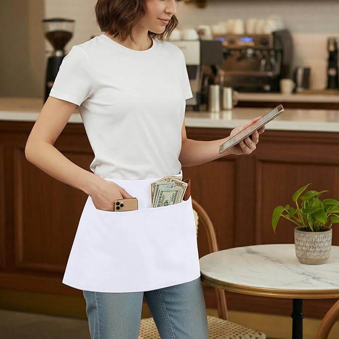 BOHARERS Waist Apron with 3 Pockets 3 Pack - White Waitress Server Short Apron