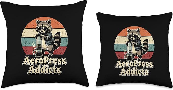 Retro Raccoon Coffee Lover Shirts AeroPress Addicts Throw Pillow