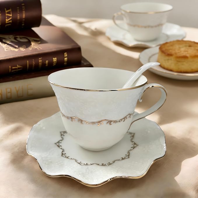 Tea Cup and Saucer Set for 1, Coffee Cup with Saucer and Spoon, Espresso Latte Cup for Women Gift, Dishwasher Safe, 6.8 Oz