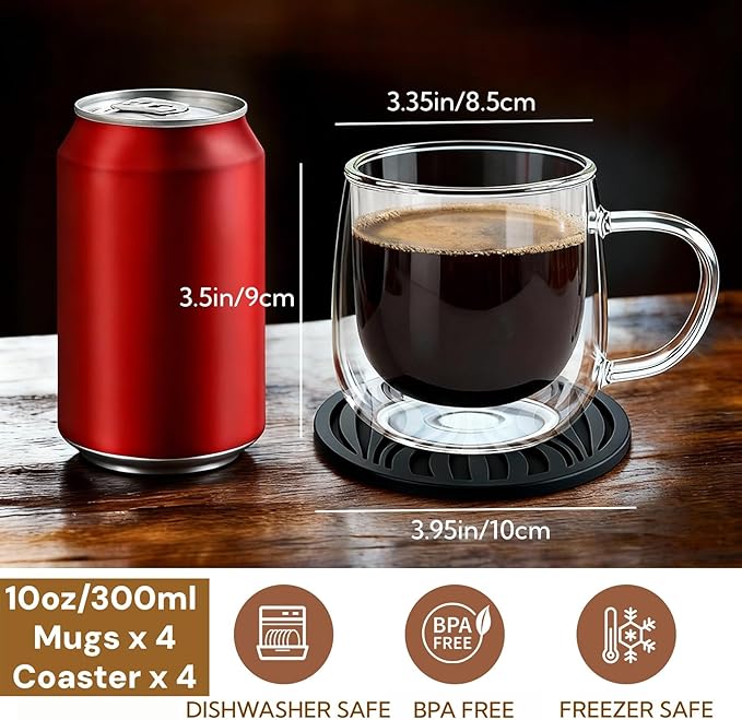 Glass Coffee Mugs Set Of 4, 10oz Double Walled Insulated Glass Mugs with Handle and Coaster, Heat Resistant Borosilicate Clear Glass Cups for Espresso Latte Cappuccino, Tea Bag, Beverage