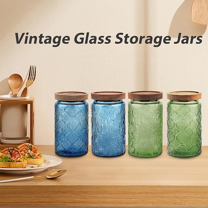 Glass Jar with Lid, Vintage Glass Storage Jars with Airtight Lid Coffee Canister Sugar Container for Kitchen Counter Pantry, Spice, Candy, Coffee Beans, Tea, Oats (34FL OZ Begonia Blue)