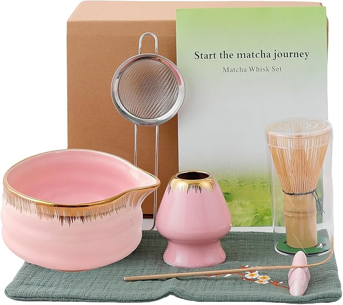 7-Piece Matcha Set: Matcha Bowl + Bamboo Whisk Kit, Ceremonial Matcha Whisk Tools with Golden Texture Details, Japanese Tea Ceremony Starter Kit, Unique Matcha Gift (pink)