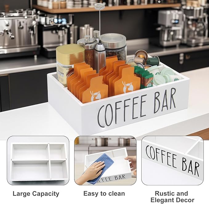 Coffee Station Organizer with Removable Dividers Disposable Cup Holder Wooden Countertop Organizer for Tea Condiment Accessories Storage Farmhouse Bar Decor Black (White) - Image 3