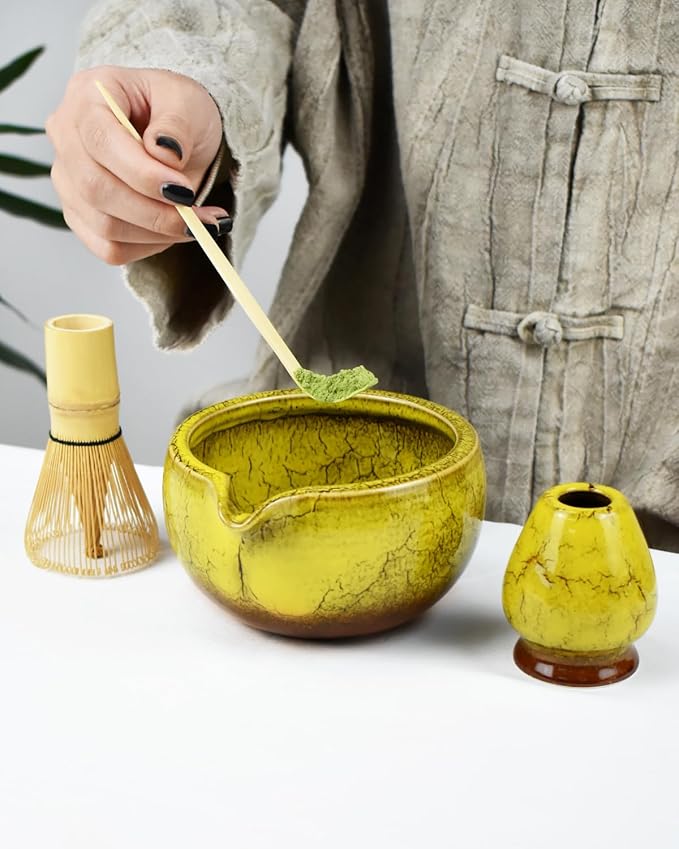 Artcome Matcha Tea Set – 20.2oz Premium Matcha Bowl with Spout, Whisk, Scoop, Whisk Holder & Brewing Guide – Authentic Japanese Tea Ceremony Tools for Perfect Matcha Preparation, Yellow