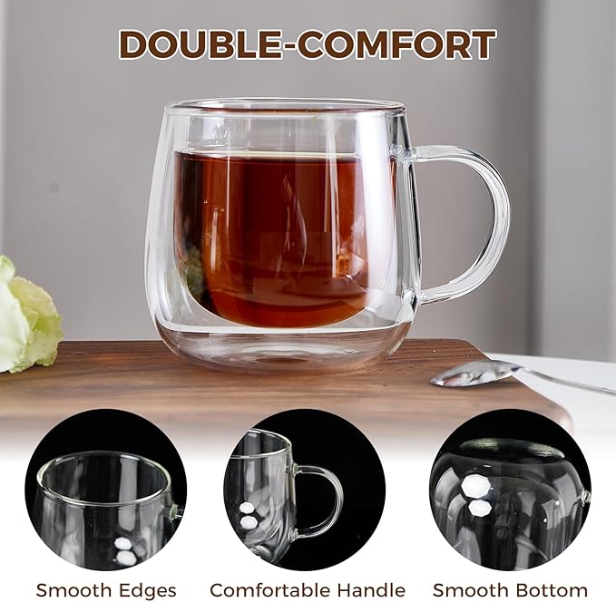 Double Wall Insulated Latte Glasses 10oz with Handle - Set of 1, Clear Glass Mugs for Cappuccino, Espresso, Tea & Hot Drinks
