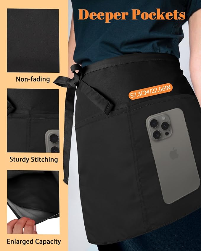 Slohif Reversible Server Apron 6 Pockets - Waist Apron for Waitress Women Half Serving Short Apron for Waiter - Image 5