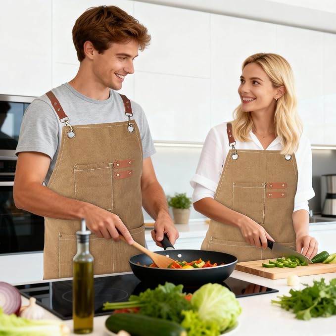 Aprons For Women Men With Large Pockets, Waterproof Cotton Chef Aprons For Cooking Server Grilling Bbq Kitchen - Image 6