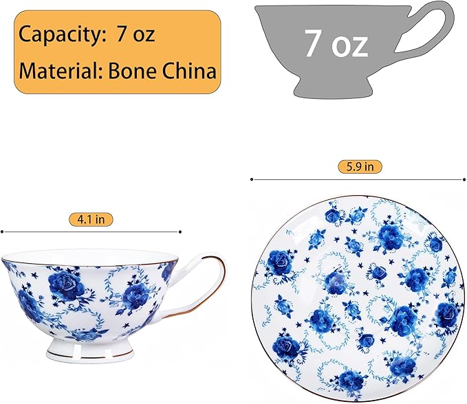 Tea cup and Saucer Set Royal Garden Style Tea Coffee Cup with Saucer 7 Ounces Bone China Teacup and saucer Set (Blue flower)