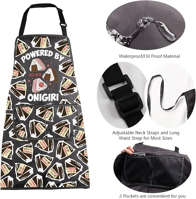 MBMSO Japanese Cuisine Gifts Powered by Onigiri Apron for Cooking BBQ Grilling Asian Rice Ball Apron Asian Food Lover Gifts - Image 5