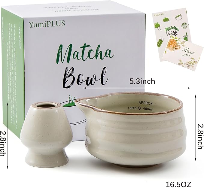 2pcs Matcha Bowl with Whisk Holder, Ceramic Grey Matcha Bowl with Spout, 16.5OZ Porcelain Bowl with Measurement Marks, Tea Mixing Bowl with Whisk Stand, Matcha Gift Set (grey)