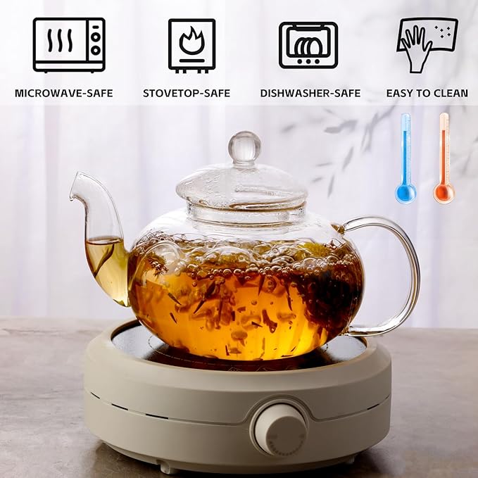 Glass Teapot Set, 34OZ/1000ML Glass Tea Kettle with Loose Tea Infuser & Warmer, 5OZ/150ML Double-Wall Tea Cup Set of 4, Stovetop & Microwave Safe Tea Maker, Blooming Tea Gift Set For Women