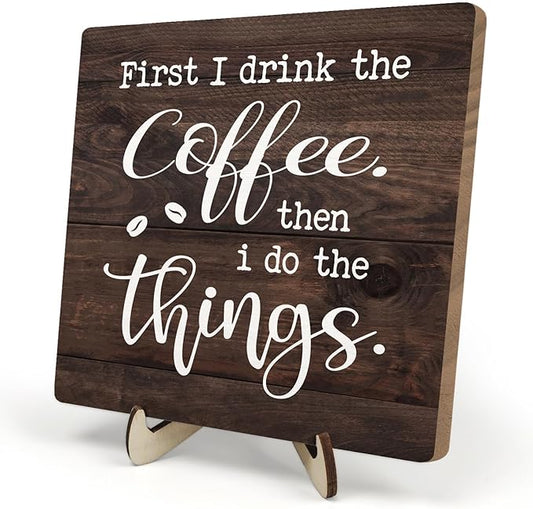 Vintage Coffee Bar Sign Plaque,Rustic Wooden Tabletop Plaque with Stand, Minimalist Farmhouse Kitchen Counter Sign for Coffee Station, Cute Mini Café Bar Decor Gift 5.9x5.9Inch