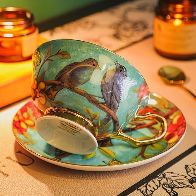YBK Tech Euro Style Cup& Saucer Set Art Bone China Ceramic Tea Coffee Cup for Breakfast Home Kitchen- Birds and Trees Patterns (Blue)