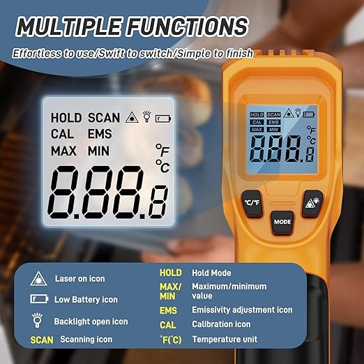 Infrared Thermometer Laser Temperature Gun -58℉ to 1112℉,with Cal Calibration and Adjustable Emissivity,Min& Max Measure,for Cooking,Oven,Meat Food,HVAC,Appliance（Yellow）