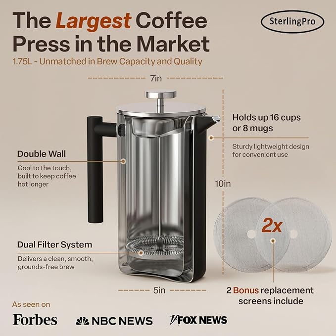 Stainless Steel French Press Coffee Maker 1.75 L (59 oz) Black – Double Walled Insulated Extra Large French Press, Durable Design Keeps Drinks Hot, Easy to Use and Clean for Rich Flavor