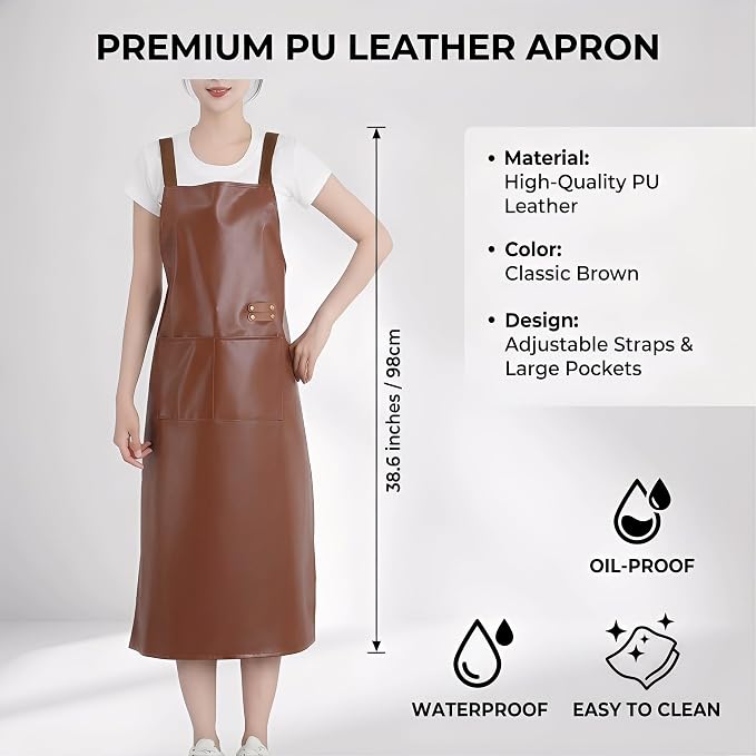 Waterproof Apron Large Pocket PU Material Waterproof Oil-proof Dust-proof Apron Black and Red - Image 4