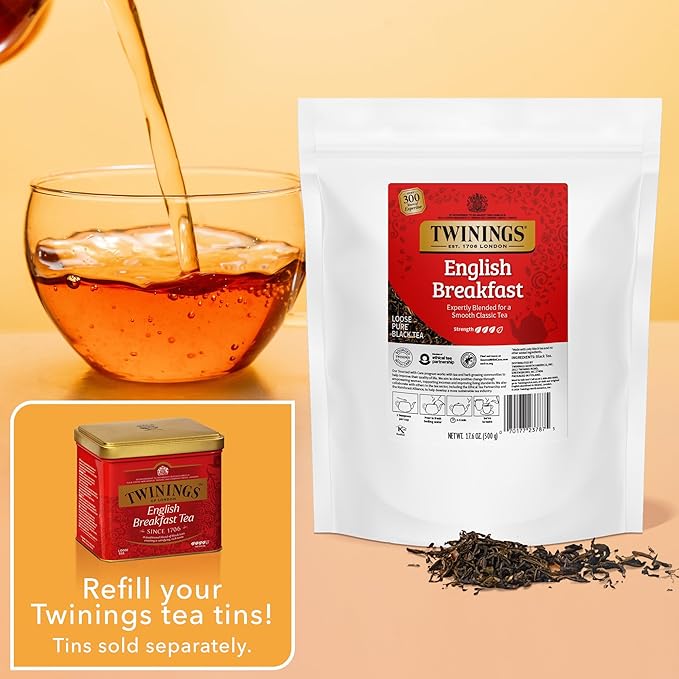 Twinings English Breakfast Loose Leaf Tea, 17.6 Ounces (500g) Resealable Pouch (Pack of 1), Smooth, Flavourful, Robust Black Tea Leaves, Caffeinated, Enjoy Hot or Iced