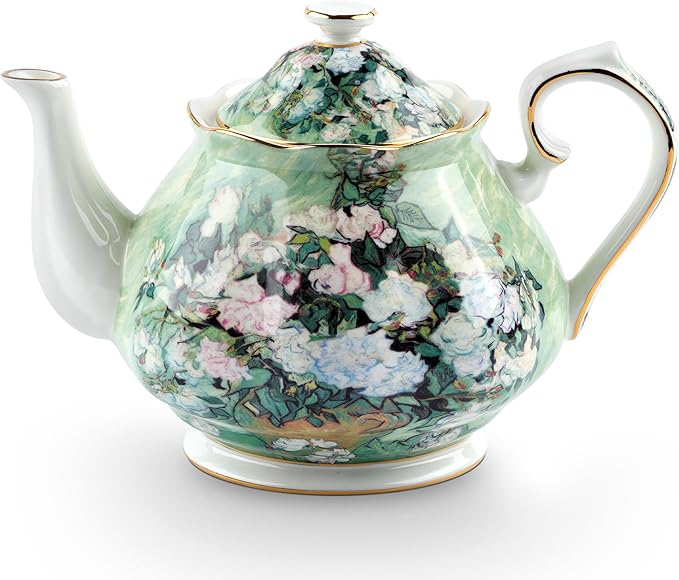 Teapot 30 oz Vangogh Paintings Bone China Loose Tea Pot Floral Design Vintage Ceramic Coffee Water Pot European Style Porcelain (White Rose)