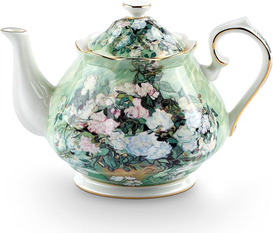 Teapot 30 oz Vangogh Paintings Bone China Loose Tea Pot Floral Design Vintage Ceramic Coffee Water Pot European Style Porcelain (White Rose)