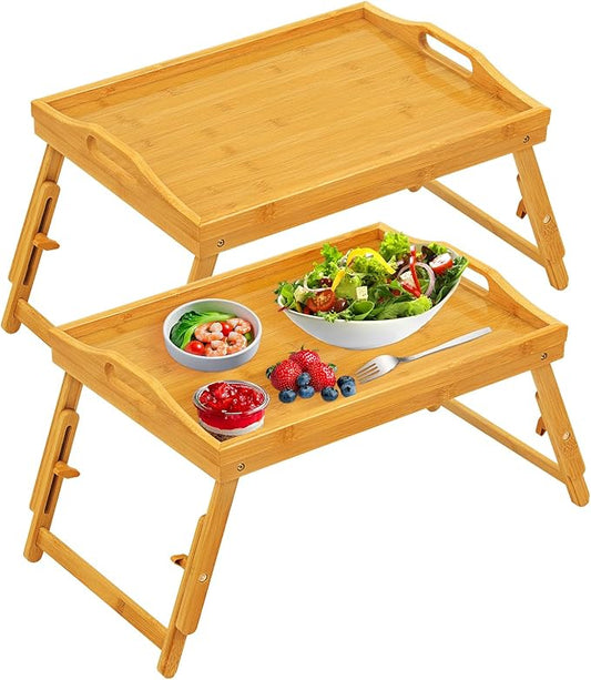 Bed Tray Table Set of 2, Bamboo Breakfast Trays with Folding Legs and Handles, Snack and Eating Lap Table, Natural Wood Color Serving Tray for Kitchen, Sofa or Bed Use