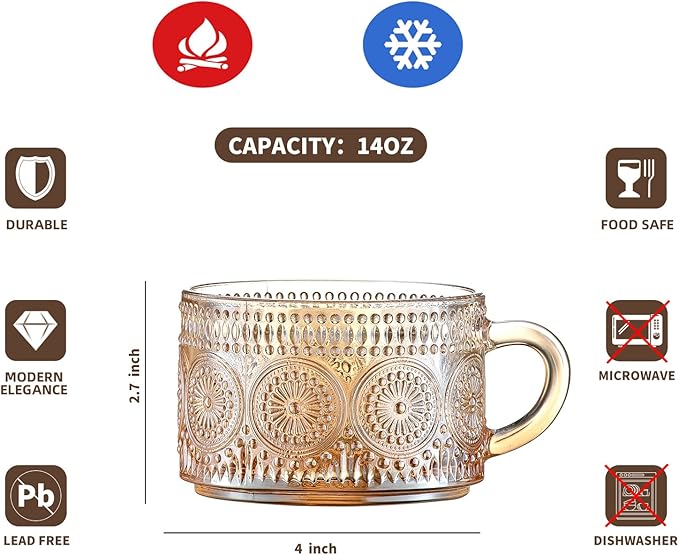 Gezzeny Vintage Coffee Mugs 14 Oz Set of 2 Amber Embossed Glass Tea Cups for Cappccino, Latte,Cereal, Yogurt, Beverage Christmas Thanksgiving Day Gifts