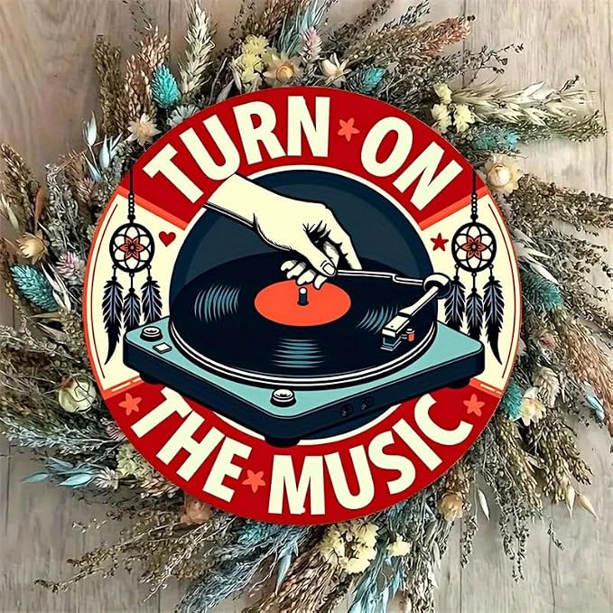 1pc Vintage Turn On The Music Vinyl Record Tin Sign, Retro Style Aluminum Wall Art, Rustic Metal Decor Plaque, 8x8", with No Electricity Needed, Cafe - Multipurpose Wall Hanging - Image 3