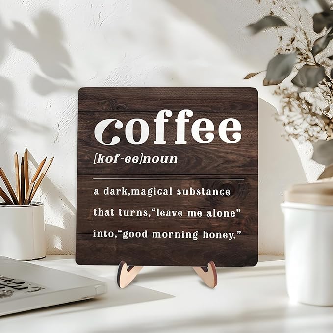 Coffee Bar Sign Plaque,Coffee Bar Accessories,Vintage Cafe Bar Plaque Desk Decor for Kitchen Home or Office,Farmhouse Decoration 5.9x5.9inch
