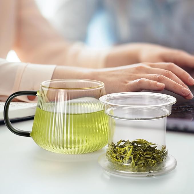 Lezero Tea Infuser Cup with Filter and Lids, Borosilicate Glass Mugs with Strainer for Blooming & Loose Leaf, Lead-free, Microwave & Dishwasher Safe, 14oz