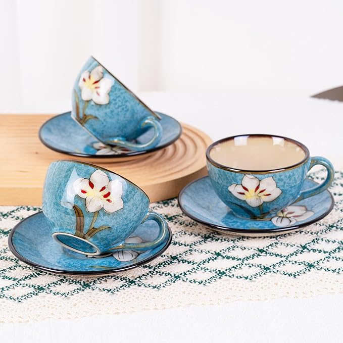 8 Oz Floral Porcelain Cappuccino Cups with Saucers Set of 4, Stoneware Tea Coffee Mugs for Home Kitchen & Office, Dishwasher Microwave Oven Safe, for Espresso, Latte, Americano, Milk & Tea, Blue