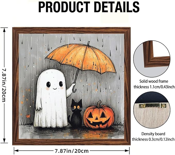 Whimsical Halloween Decorative Sign Black Cat, Ghosts & Pumpkin Wooden Sign, With Frame Sign for Home Office, Cafe, Bedroom Halloween Decor 7.87x7.87 Inch - Image 4