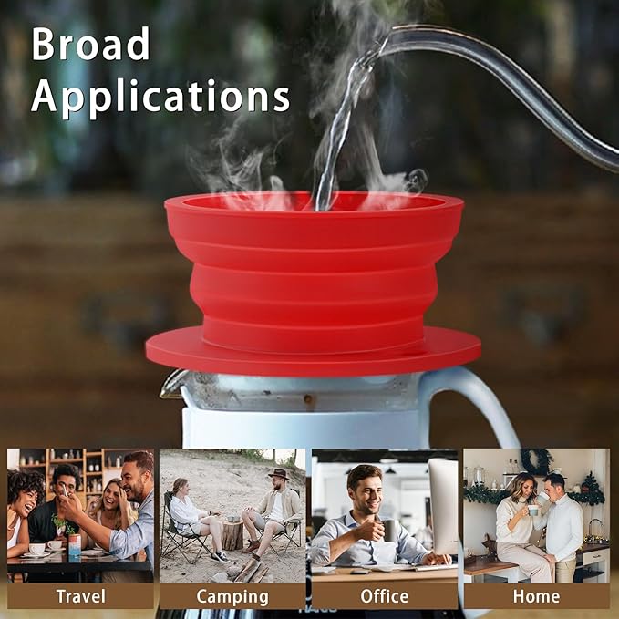 2-Packs Paperless Collapsible Travel Pour Over Coffee Maker with Metal Filter - Single Serve Camping Pour Over Coffee Maker Set - Travel Collapsible Pour Over Coffee Dripper kit (Black+Red)