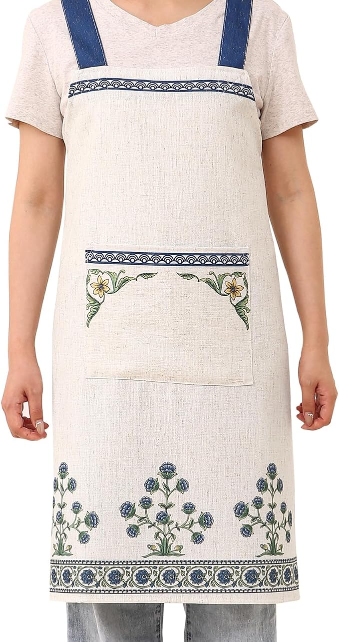 patdrea Blue Floral Linen Apron with Pocket,French Kitchen Garden Chef BBQ Aprons for Women and Men,Crisscross Back Straps - Image 2