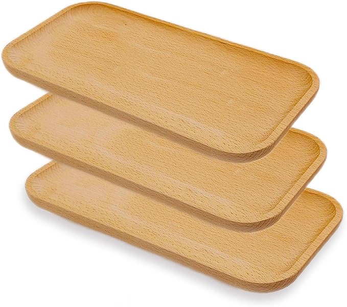 6 Pack Solid Wood Serving Platters and Trays of Natural Wood with Edge,Rectangular Avoid Sliding and Spilling Food (6pcs Wood*10x5 Inch)